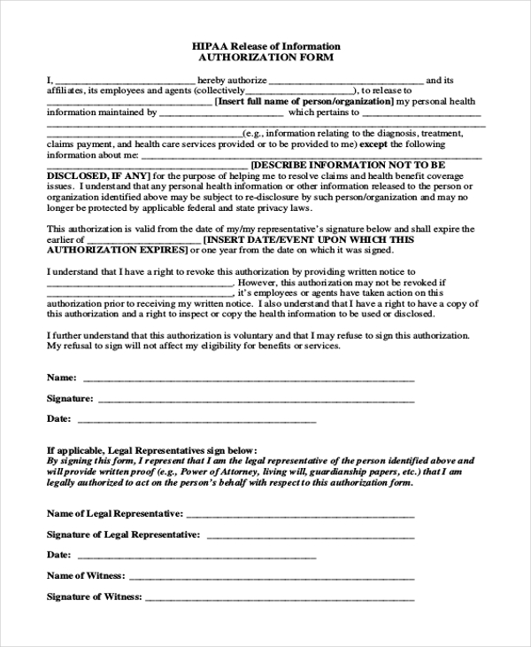 hipaa release of information authorization form