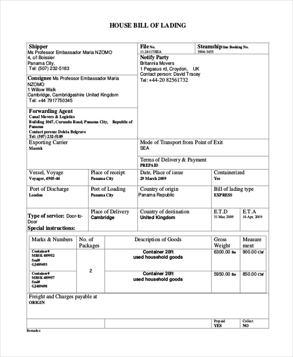 house bill of lading format in excel