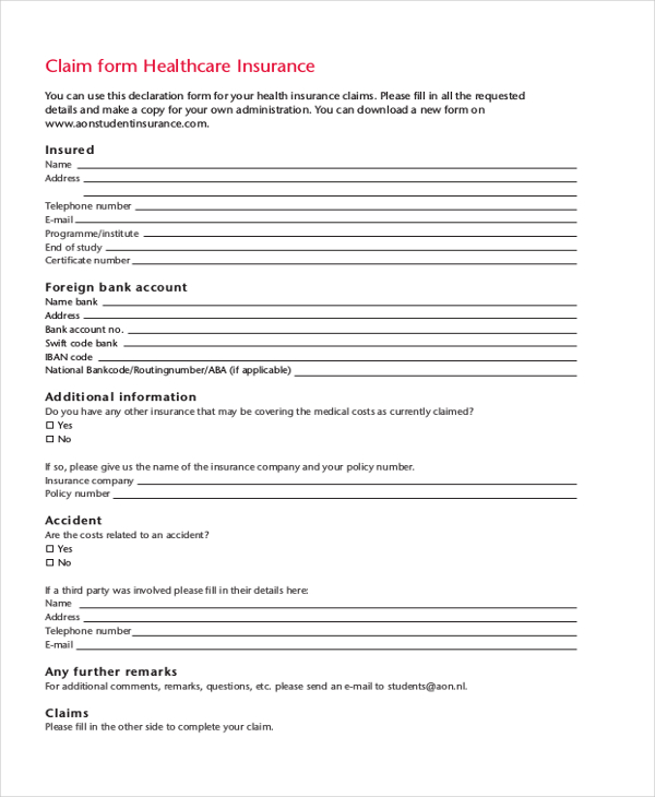 health care insurance claim form