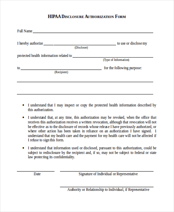 Free 9 Sample Hipaa Authorization Forms In Pdf Ms Word 3420