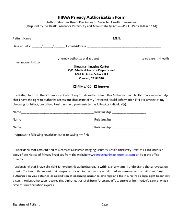 hipaa privacy authorization form