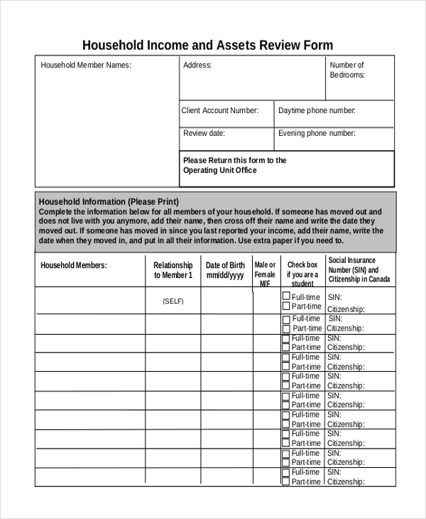 household income and assets review form