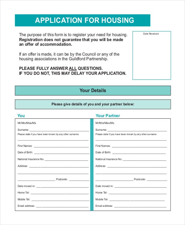 Free 12 Sample Housing Application Forms In Pdf Ms Word Excel 8980