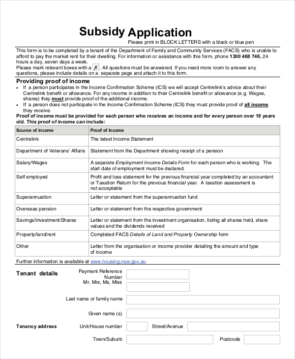 housing subsidy application form
