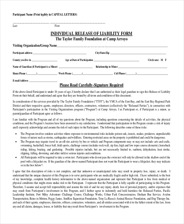 individual release of liability form