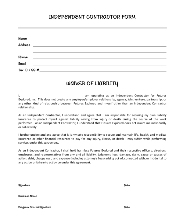 independent contractor liability waiver form