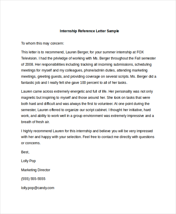 internship reference letter sample