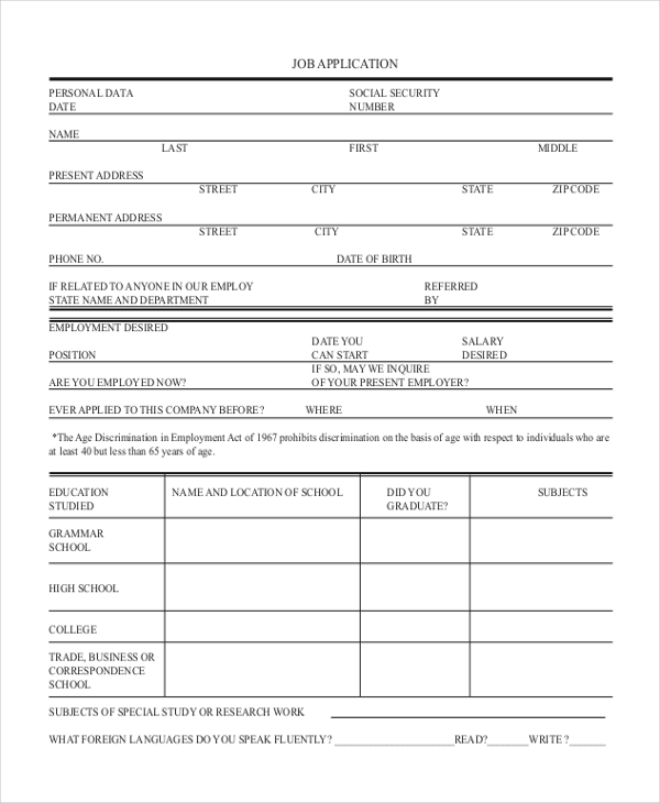 Free 10 Sample Generic Job Application Forms In Pdf Ms Word Excel 6114