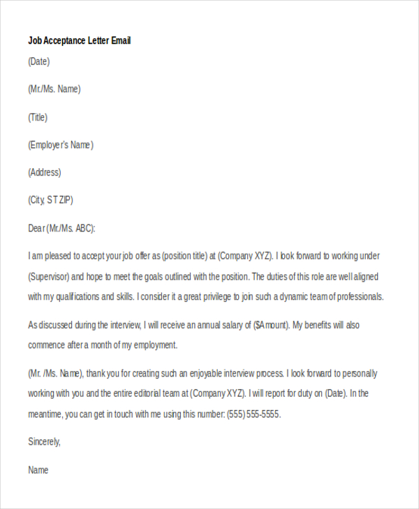 job acceptance letter email