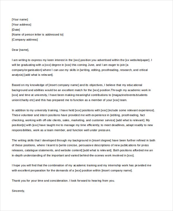 Sample of cover letter for job application