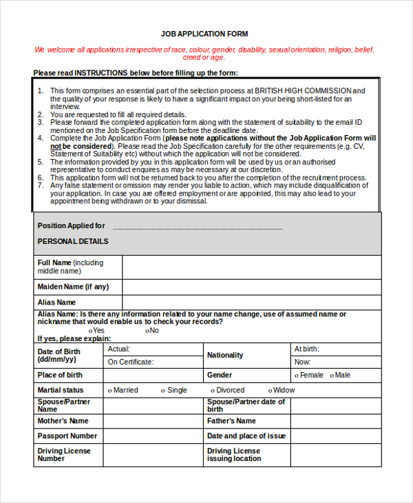 Examples Of Job Applications Forms 9900