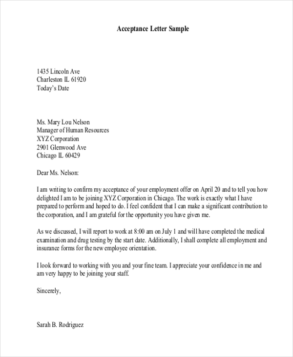 job offer acceptance letter