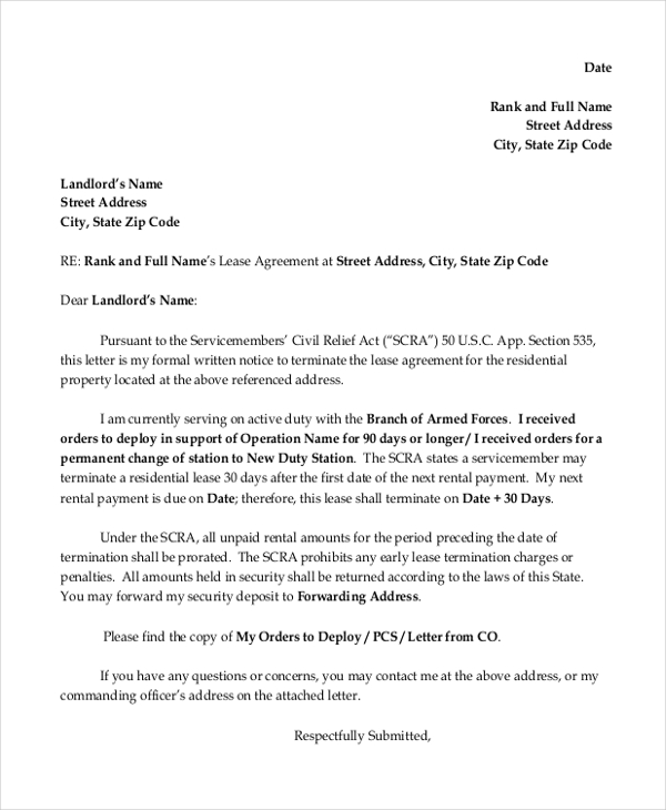 letter for termination of residential lease