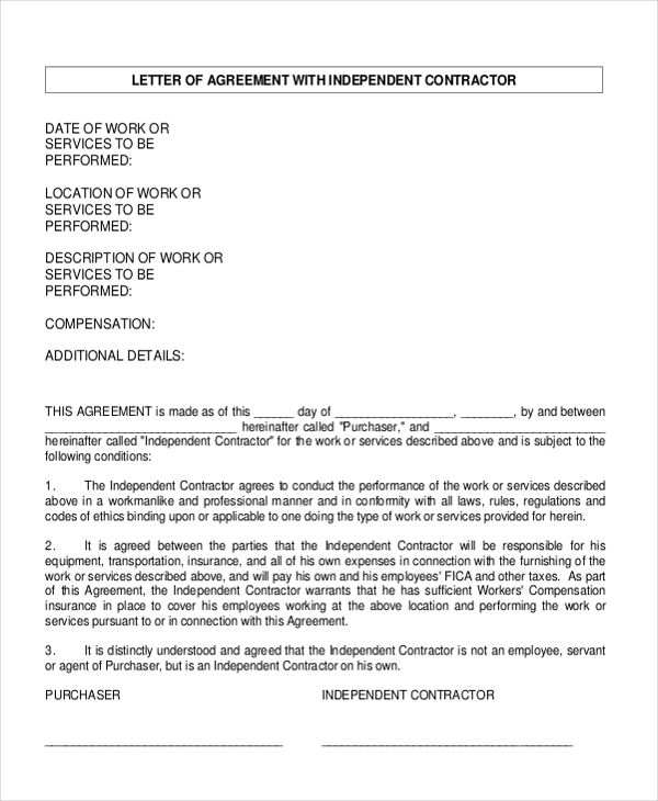 letter of agreement with independent contractor