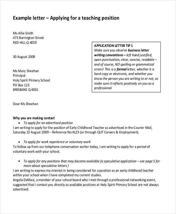 letter of application for teaching