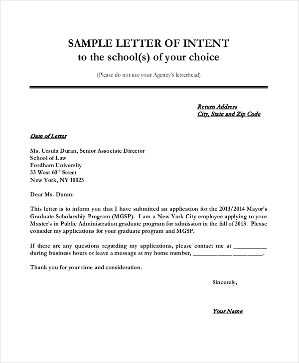 letter of intent sample