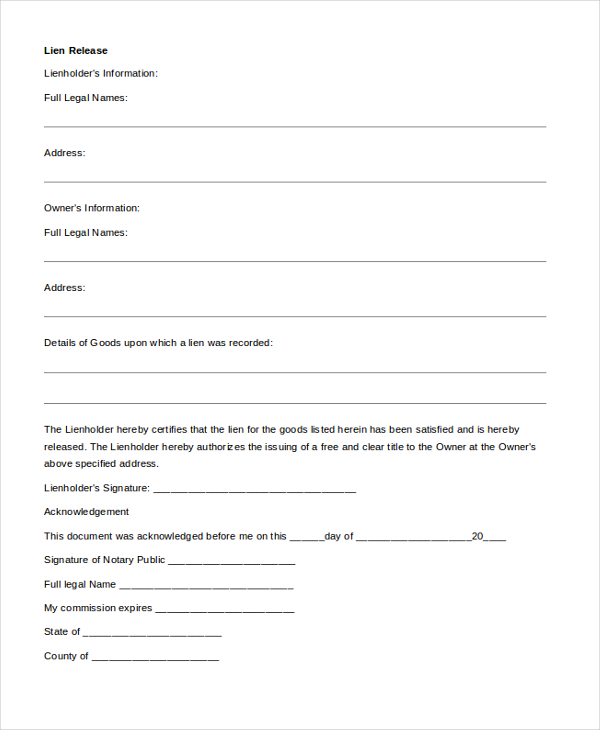 FREE 9+ Sample Release of Lien Forms in PDF MS Word