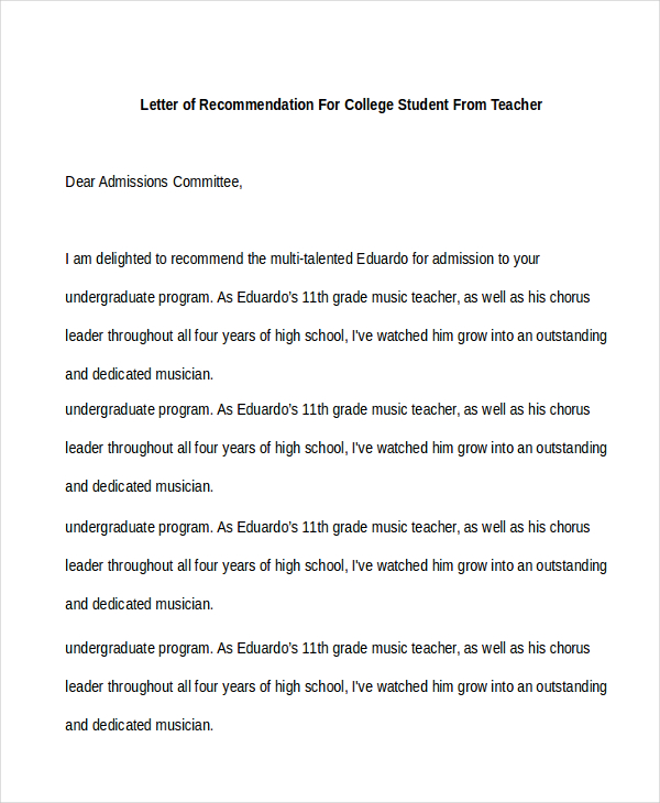 letter of recommendation for college student from teacher