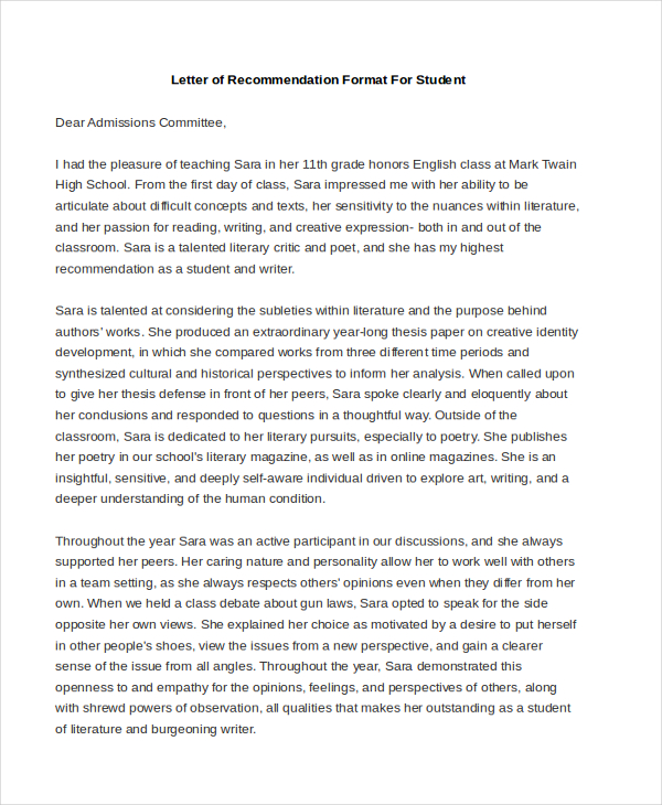 letter of recommendation format for student