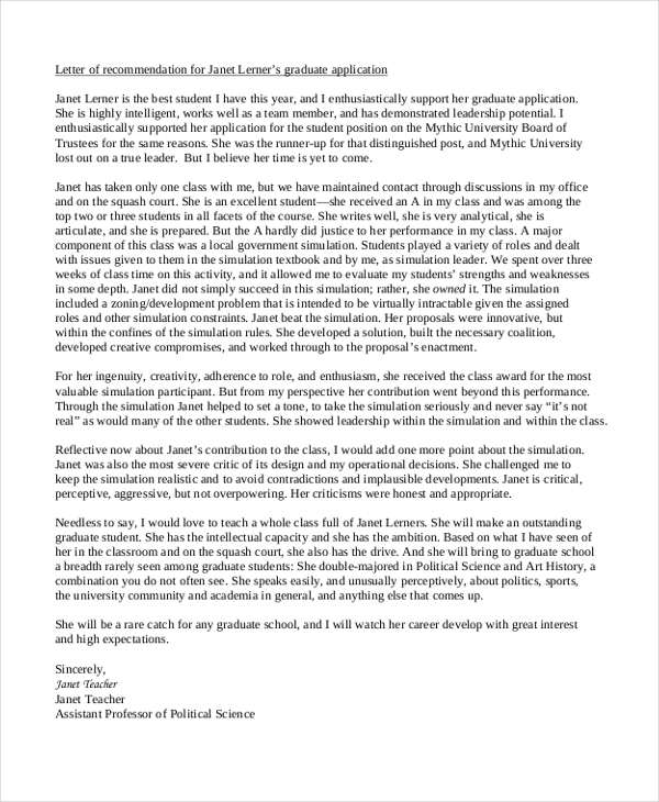 Graduate Reference Letter Sample