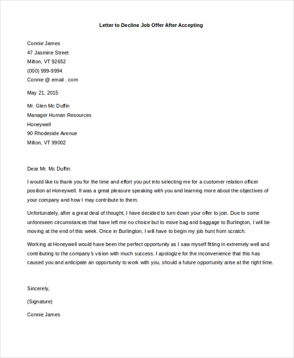 letter to decline job offer after accepting