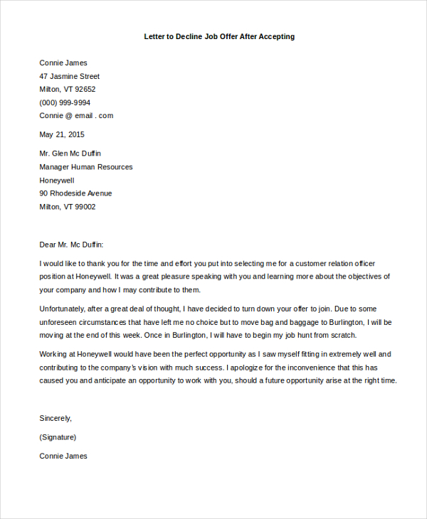 Turning Down A Job Offer Sample Letter from images.sampleforms.com