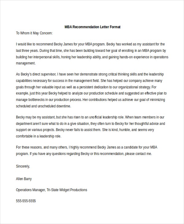 mba recommendation letter format