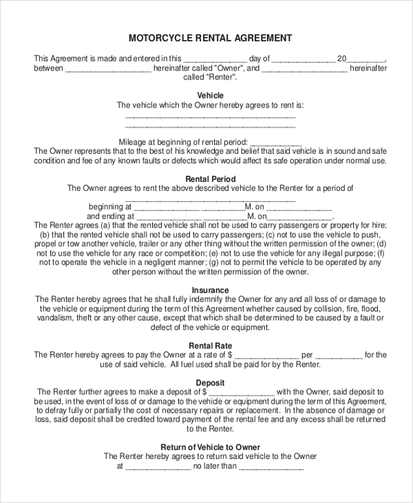 motorcycle rental agreement pdf fill online printable fillable blank