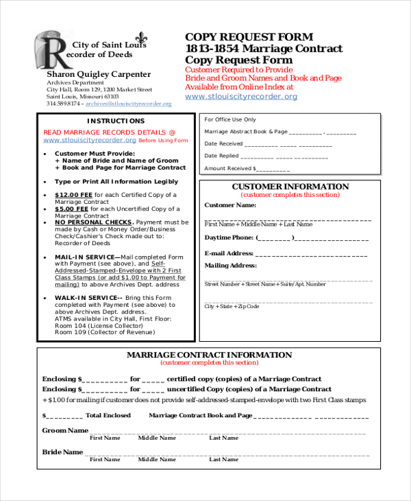 marriage contract copy request form