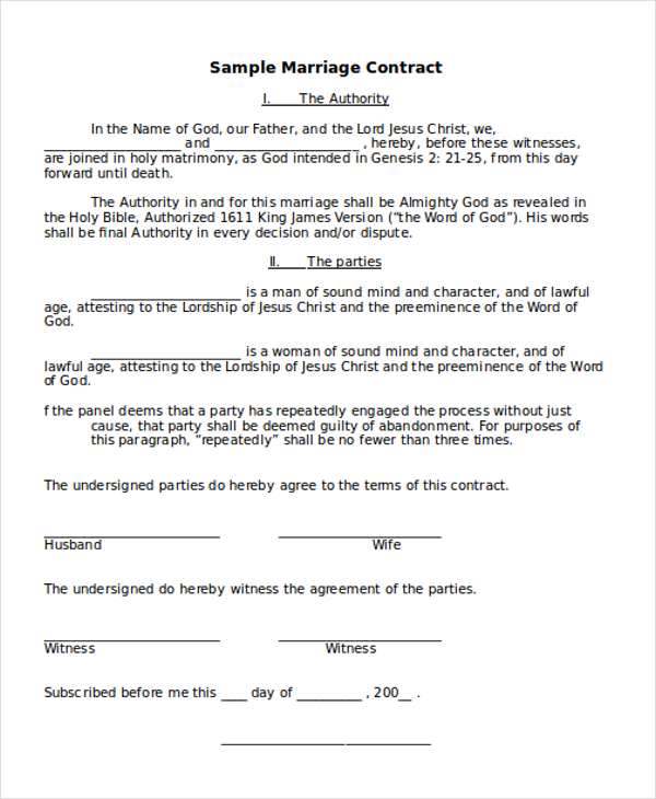 pdf contract marriage Sample in  PDF DOC Marriage 8  FREE Contract Forms