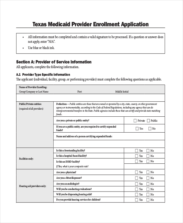 medicaid provider enrollment application