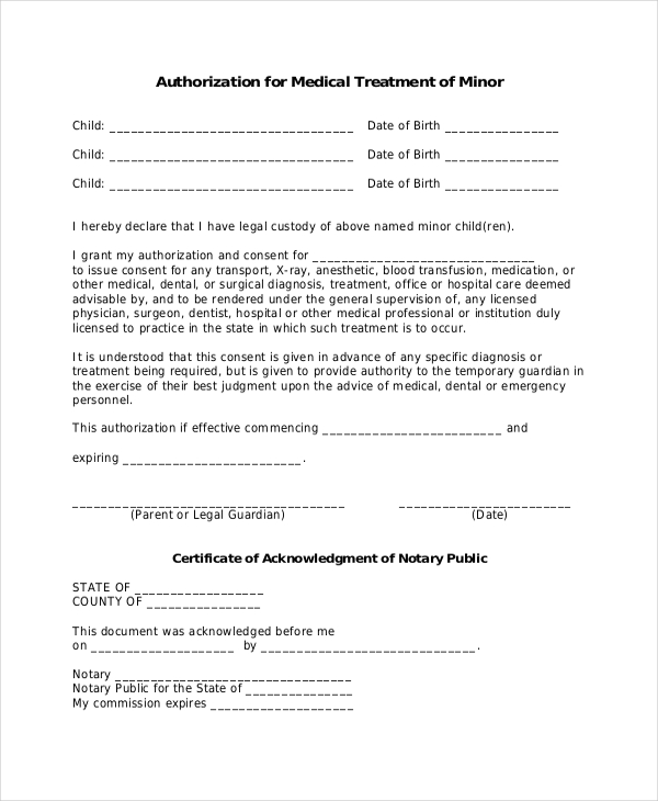 medical authorization form for minors