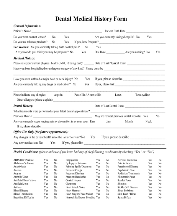 medical history form for dental