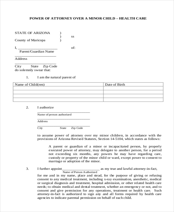 medical power of attorney form for child