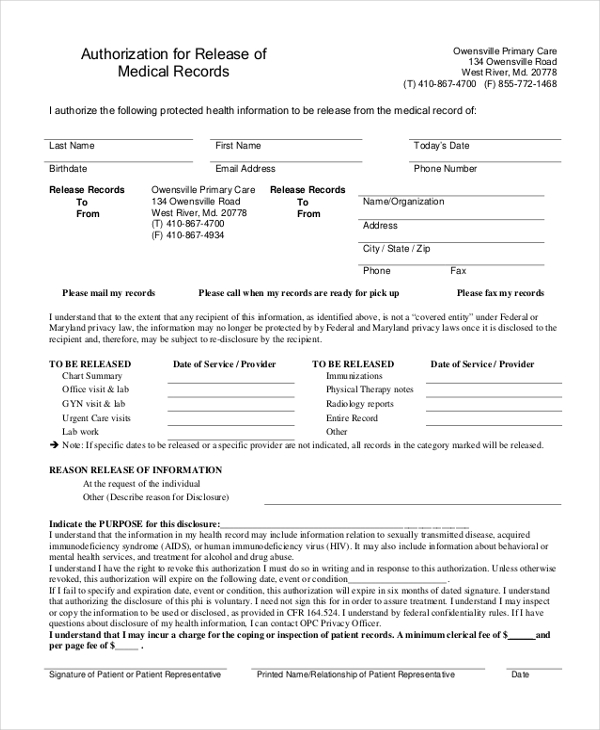 FREE 10 Sample Medical Records Release Forms