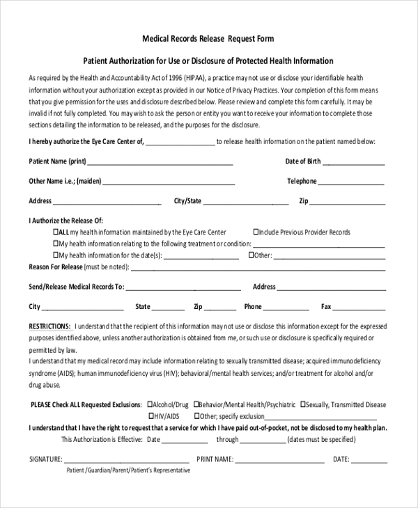 Fillable Medical Records Release Form Doc Printable Forms Free Online 3095