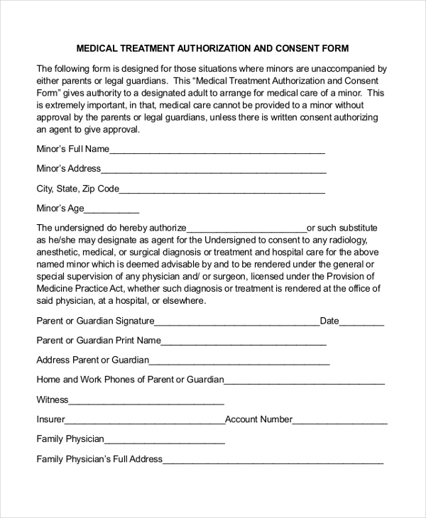 medical treatment authorization and consent form