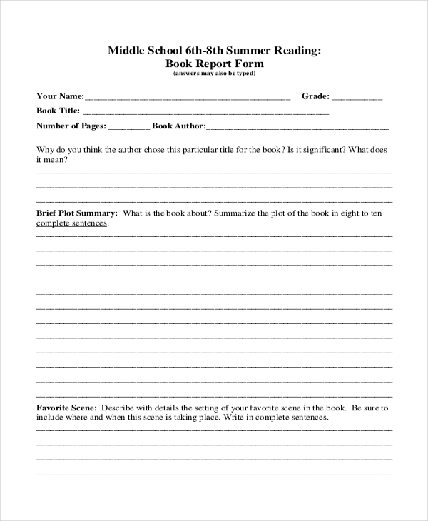 middle school book report format