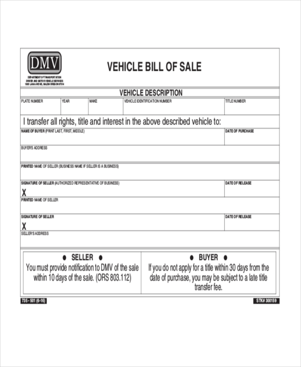 Used Car Printable Auto Bill Of Sale Form