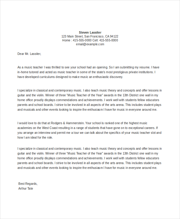 cover letter sample for music teacher