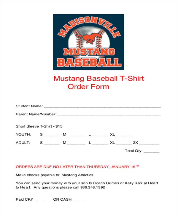 mustang baseball t shirt order form