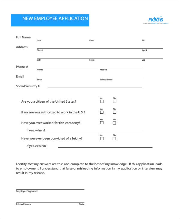 new employee application form