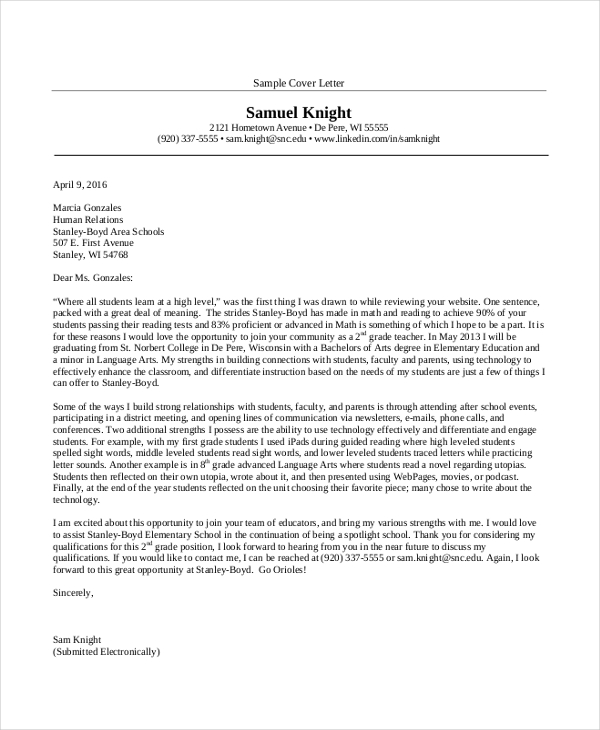 sample teacher cover letter 15 free documents in pdf doc