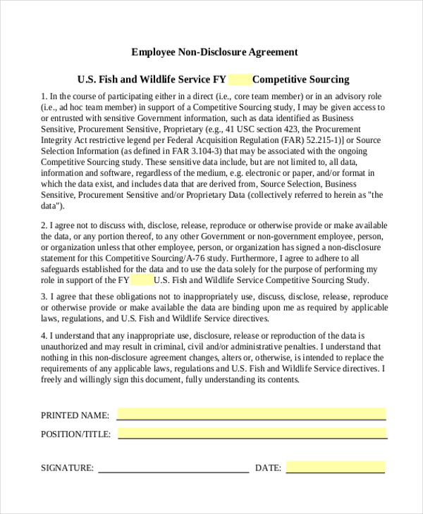 non disclosure agreement format for employees