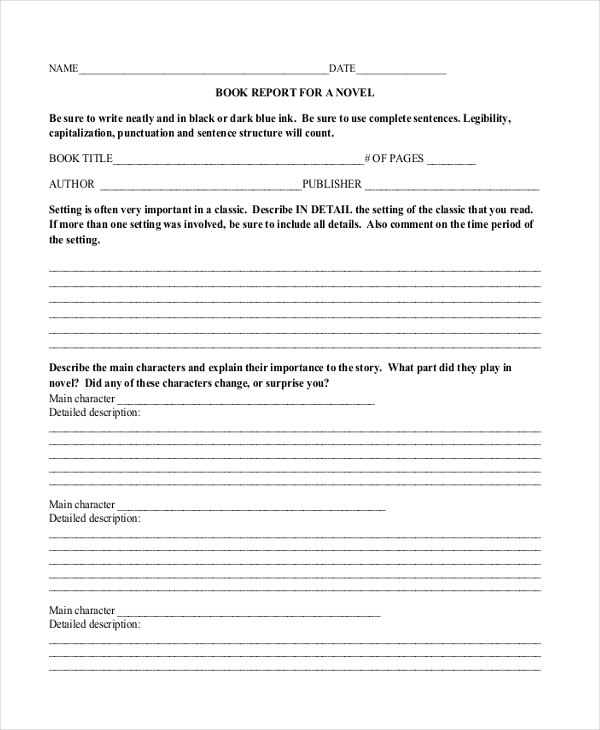 novel book report form