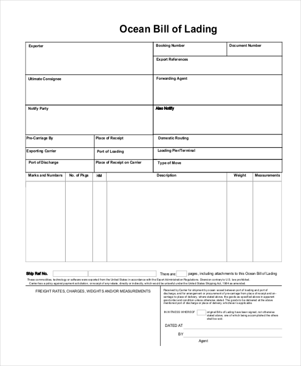 Printable Blank Ocean Bill Of Lading