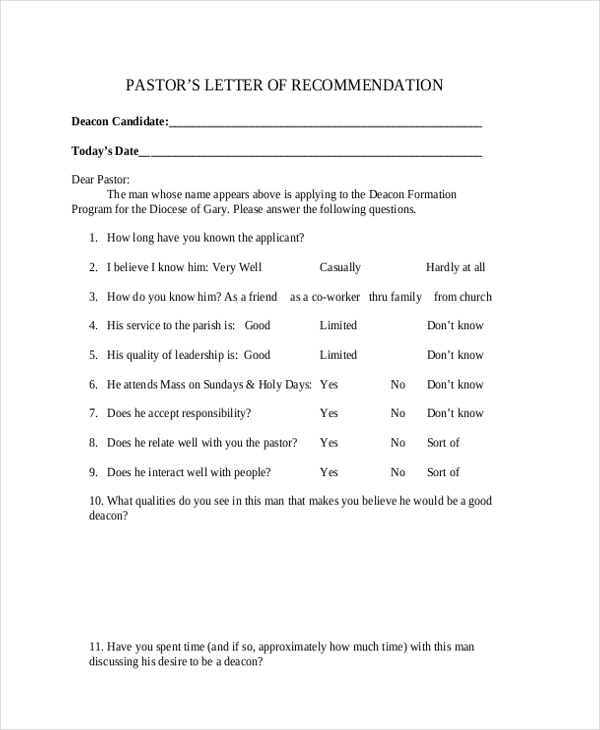 pastor’s letter of recommendation