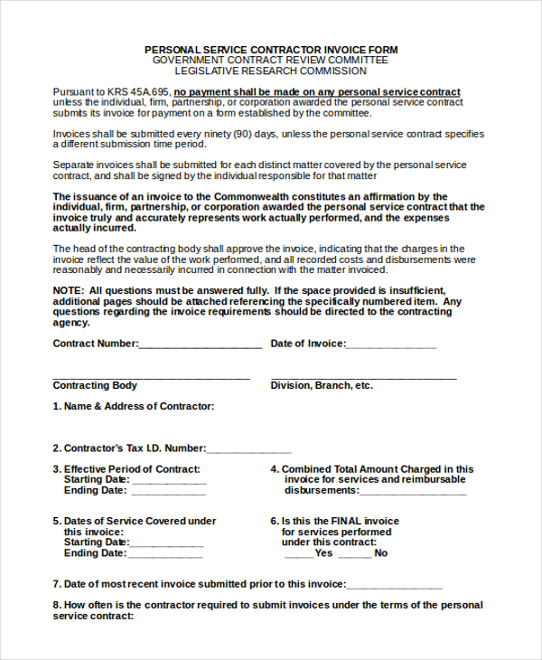 personal service contract invoice form