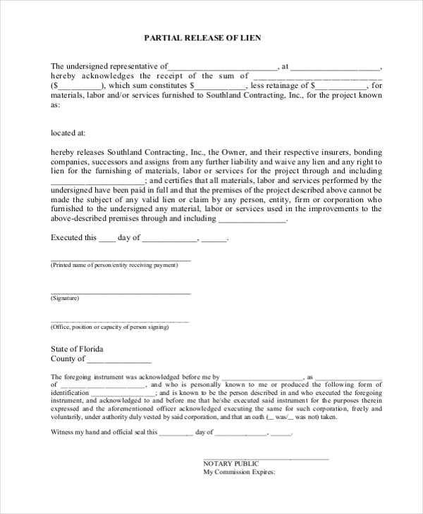 FREE 11  Sample Lien Release Forms in PDF MS Word