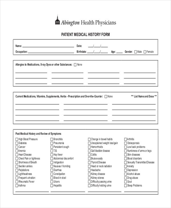 Sample Patient History Form